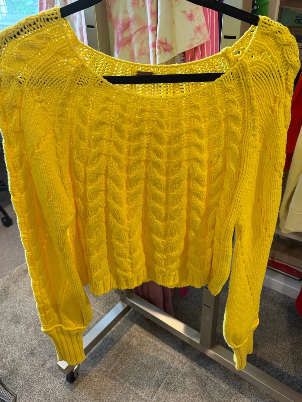 Free People Bright Yellow Cable Knit Scoop-Neck Sweater